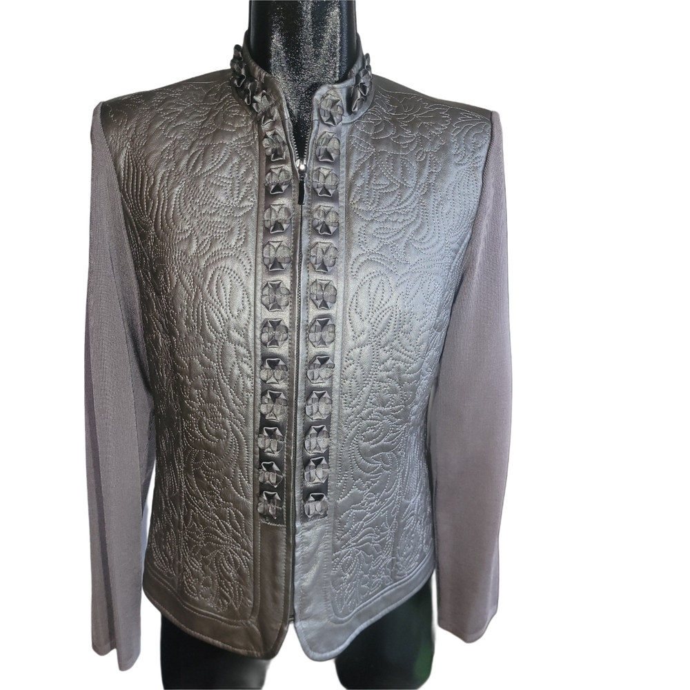Nygard Collection Silver Embroidered Leather Jacket M
